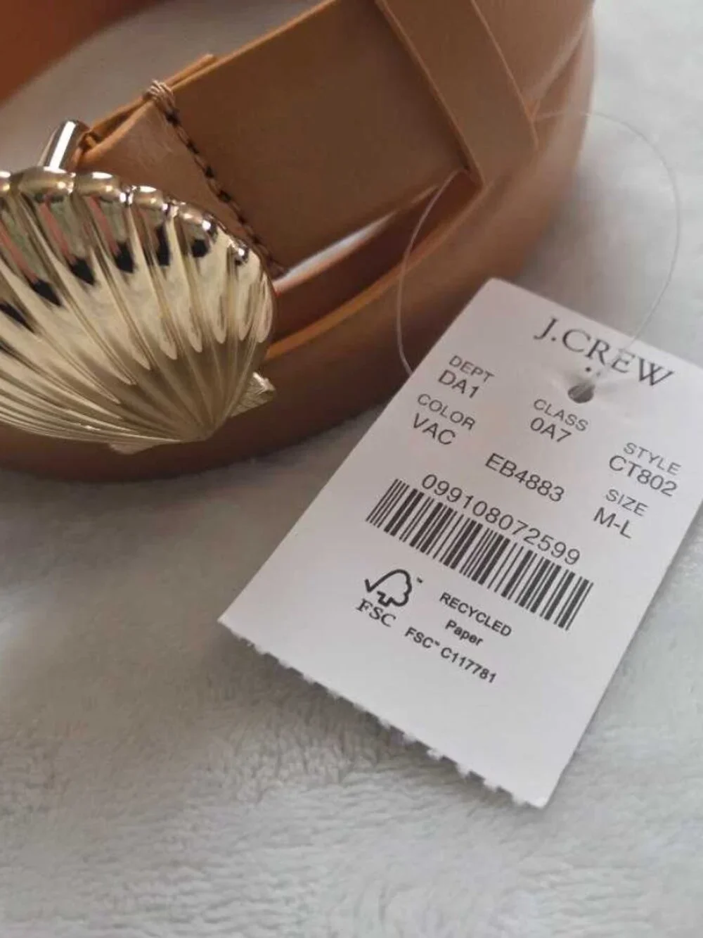 New M-L J.Crew Factory gold scallop shell buckle belt in Vachetta leather